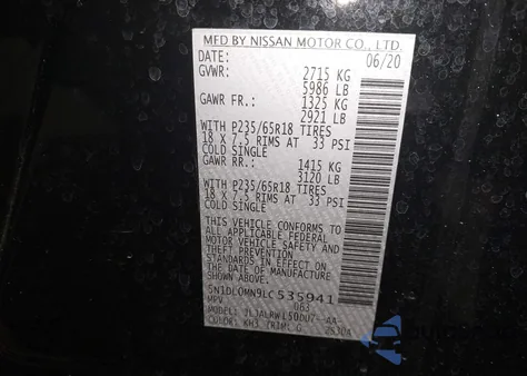 2020 Infiniti Qx60 Luxe from USA, damaged, VIN 5N1DL0MN9LC535941